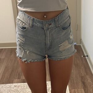 Striped Distressed High-Rise Denim Shorts
